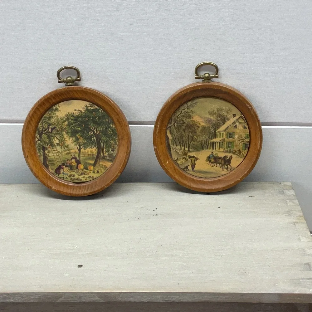 Vintage Currier and Ives Style Miniature Round Wood Wall Plaques Set of 2 4in